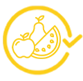 Yellow line-art icon featuring an apple, pear, and watermelon slice inside a circular design with a checkmark, symbolizing fresh and healthy fruit selection.